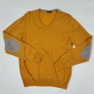 Men’s Mustard V-Neck Sweater with Suede Elbow Patches